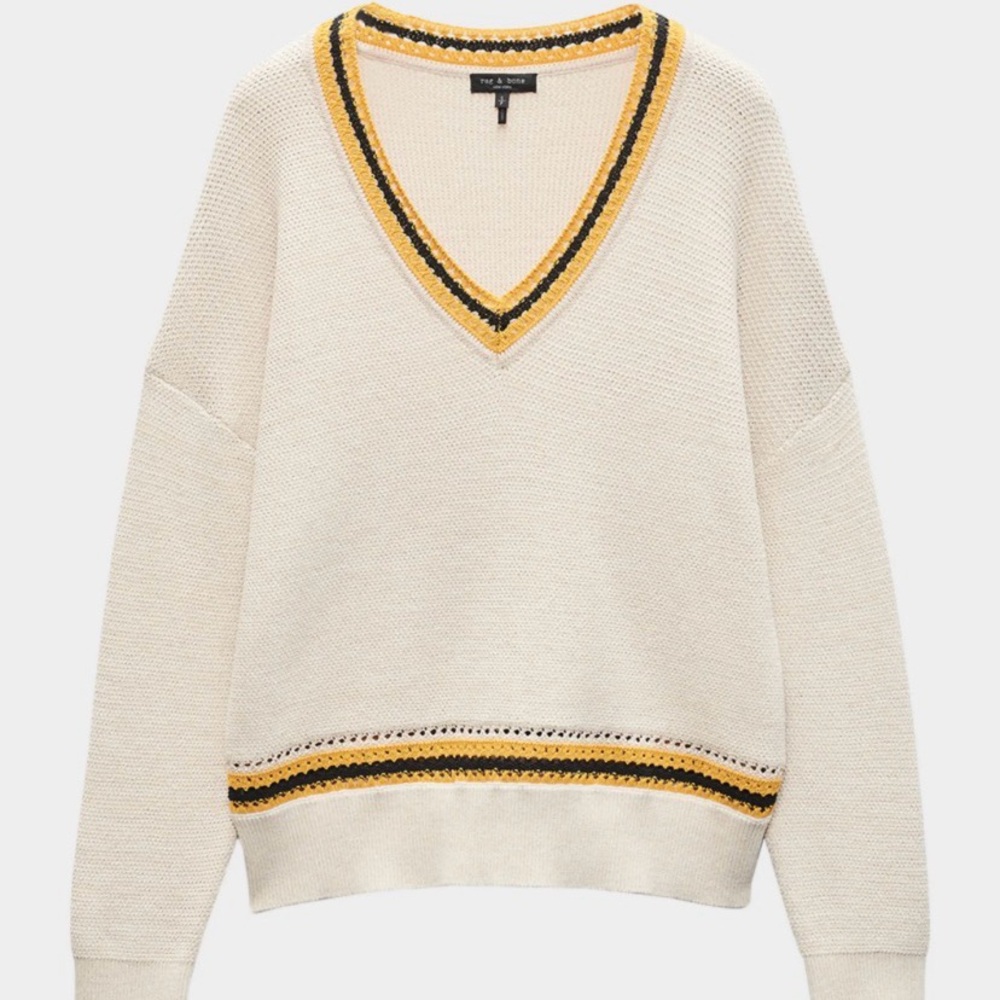 Sz L rag & bone Cream “Meghan” V-Neck Knit Sweater with Yellow and Black Trim